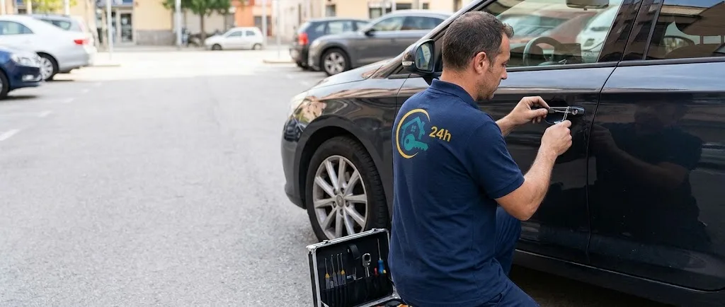 Cerrajero abriendo la puerta de un coche aparcado en una calle de El Vendrell