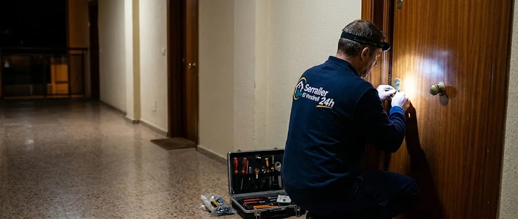 Cerrajero de urgencia trabajando de noche en la puerta de un piso en El Vendrell