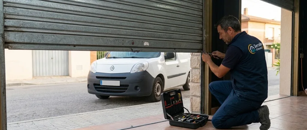 Cerrajero reparando la persiana metálica de un local en El Vendrell